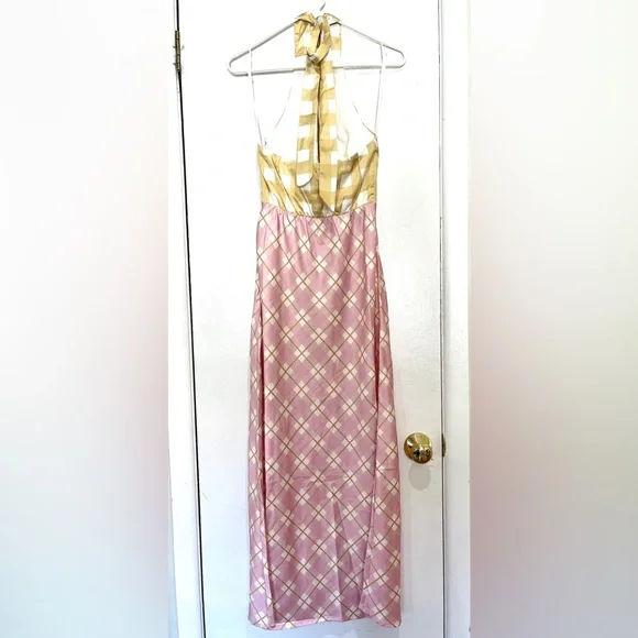 Picnic Plaid Satin Midi Dress Halter Y2K Slip AU 6 US XS - Picture 9 of 16